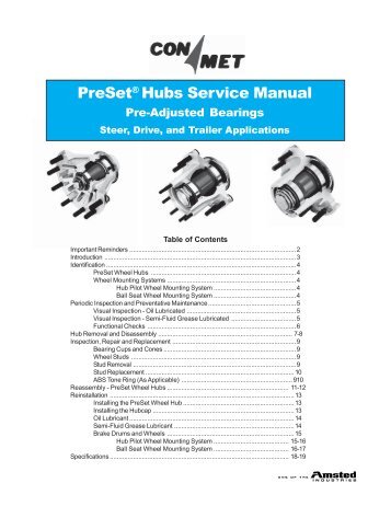 PreSet® Hubs Service Manual Pre-Adjusted Bearings