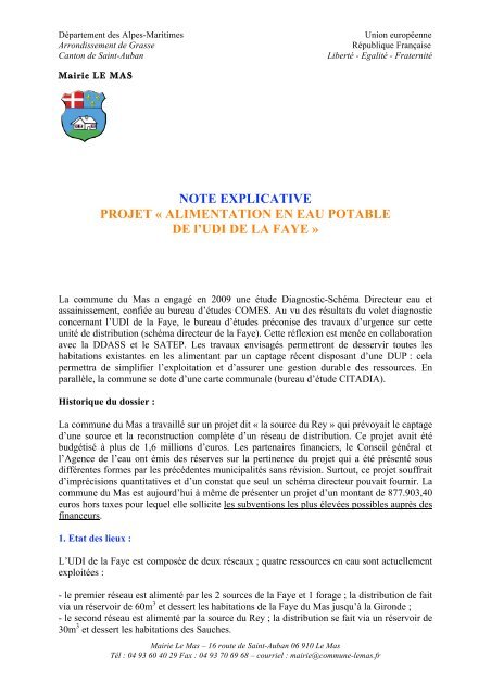 NOTE EXPLICATIVE PROJET Â« ALIMENTATION EN EAU  Le Mas