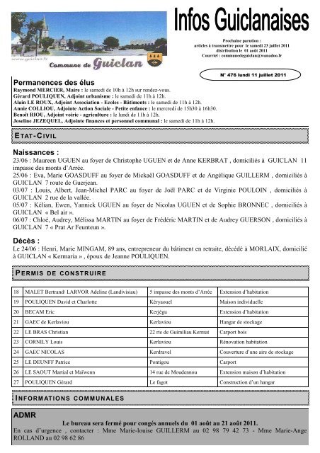 Bulletin municipal nÂ°476 - Commune de Guiclan