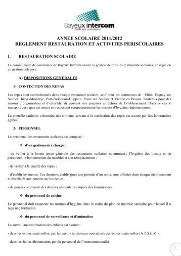 annee scolaire 2011/2012 reglement restauration ... - Bayeux Intercom