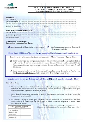 Demande de branchement au réseau d'eau potable - Bayeux Intercom