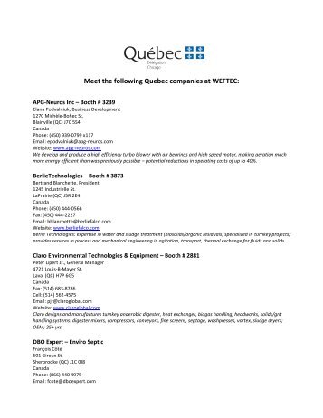Meet the following Quebec companies at WEFTEC: