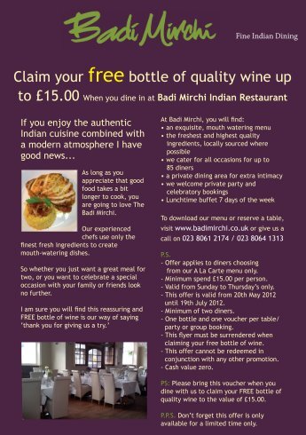 Claim your free bottle of quality wine up - Badi Mirchi