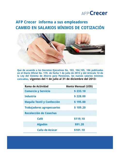 CAMBIO EN SALARIOS MÍNIMOS DE COTIZACIÓN - AFP Crecer