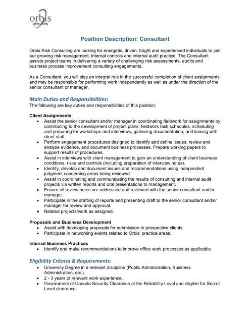 Position Description: Consultant Main Duties and Responsibilities ...