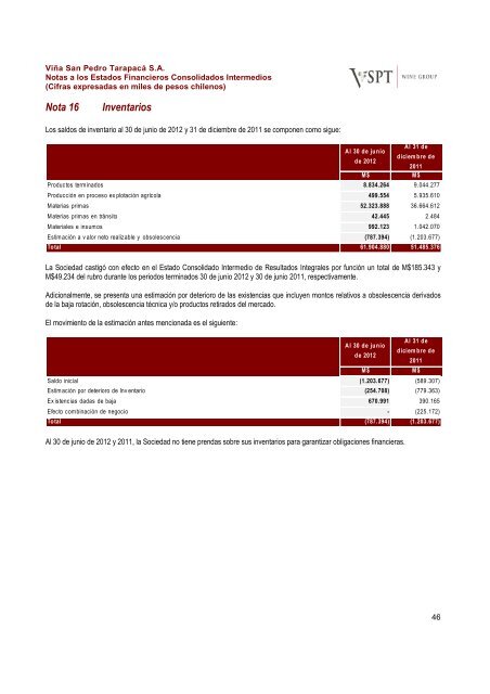 Financial Statements ViÃ±a San Pedro TarapacÃ¡ June ... - CCU Investor