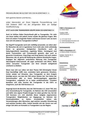 PRESSEKLÄRUNG NR.02/2007 DES CSD IN KONSTANZ E. V. ...