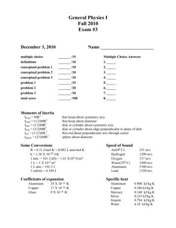 General Physics I Fall 2010 Exam #3