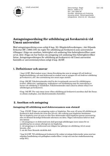 Antagningsordning för utbildning på forskarnivå vid Umeå universitet