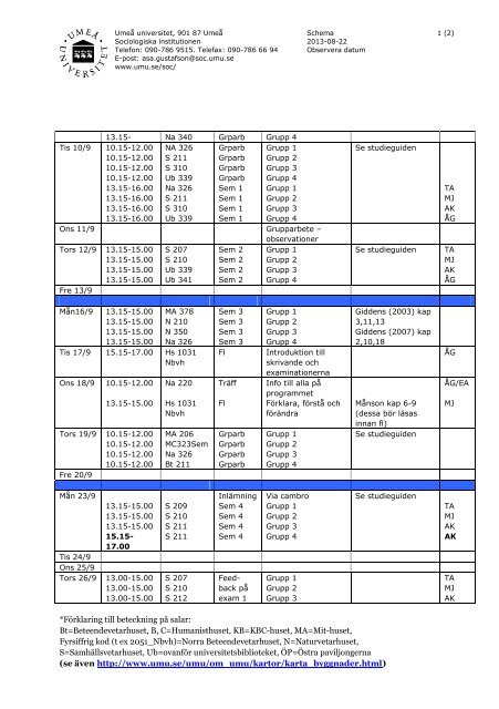 Schema - Sociologiska institutionen - Umeå universitet