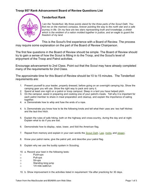 Tenderfoot Rank Cheat Sheet - Boy Scout Troop 957