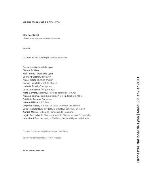 Orchestre National de L y on | Mardi 2 9 jan vier 2 013 - Salle Pleyel