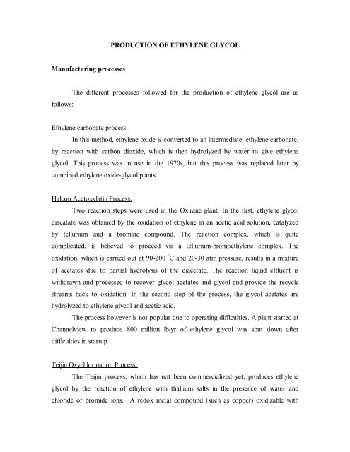 PRODUCTION OF ETHYLENE GLYCOL Manufacturing processes ...