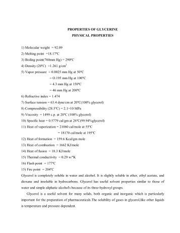 PROPERTIES OF GLYCERINE PHYSICAL PROPERTIES 1 ...