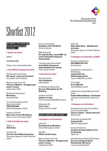Shortlist - Deutscher Preis fÃ¼r Onlinekommunikation 2013