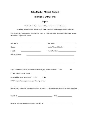 Talin Market Mascot Contest Individual Entry Form Page 1