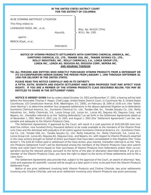 notice of vitamin products settlements with sumitomo chemical ...