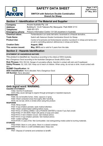 SWITCH DRENCH with Selenium MSDS - Ancare