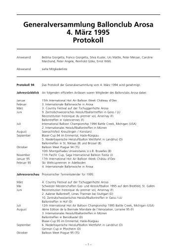 Generalversammlung Ballonclub Arosa 4. MÃ¤rz 1995 Protokoll
