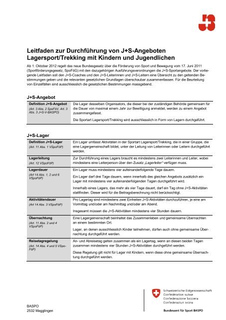 Leitfaden zur DurchfÃ¼hrung von J+S-Angeboten Lagersport/Trekking