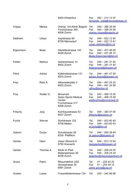 zÃ¼rcher fachÃ¤rztegesellschaft fÃ¼r rheumatologie mitgliederverzeichnis