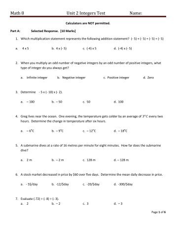 unit test 1 of geometry tools Math 2 Test: Integers and Rational 7/Unit Practice