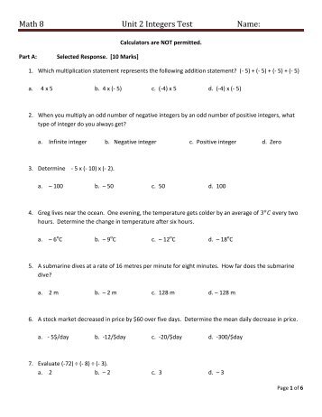 Math 8 Unit 2 Integers Test Name: