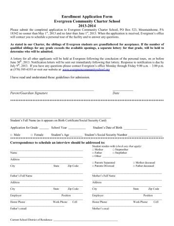 Enrollment Application Form Evergreen Community Charter School ...