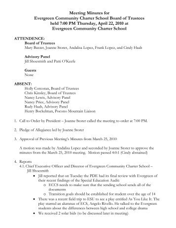 Meeting Minutes for Evergreen Community Charter School Board of ...