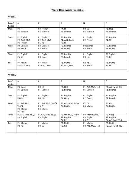 Year 7 homework timetable picture