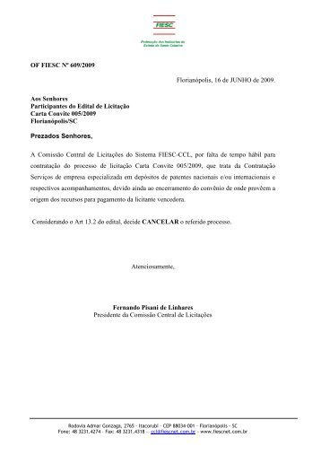 Ofício 609-2009- CANCELAMENTO - Fiesc