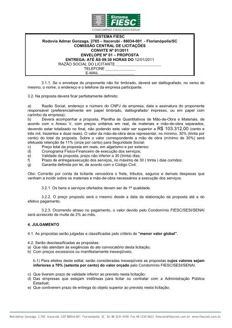 EDITAL DE LICITAÇÃO CARTA CONVITE Nº 01/2011 - Fiesc