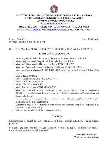 Decreto di assegnazione Docenti alle classi e/o ai plessi - Istituto ...