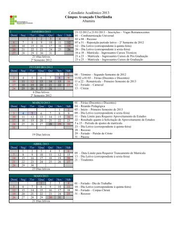 Calendário Acadêmico 2013 Câmpus Avançado Uberlândia ... - Iftm