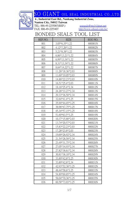 BONDED SEALS TOOL LIST