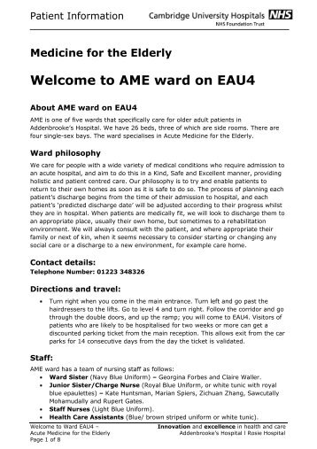 Welcome to AME ward on EAU4 - Cambridge University Hospitals