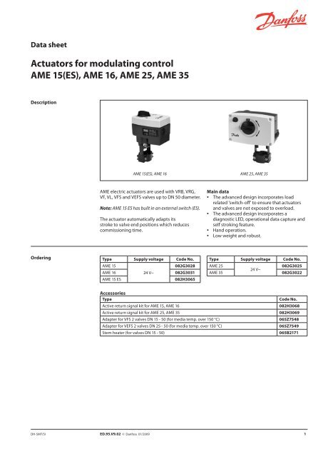 Actuators for modulating control AME 15(ES), AME ... - Danfoss.com