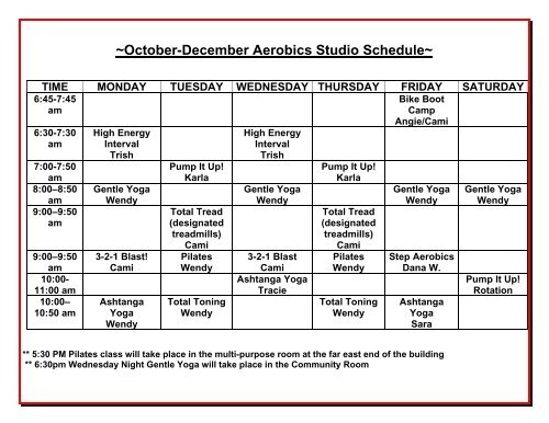 October December Aerobics Studio Schedule Time Monday