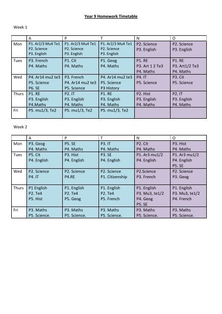 Year 9 Homework Timetable Week 1 A P T N O P2 ... - Bow School