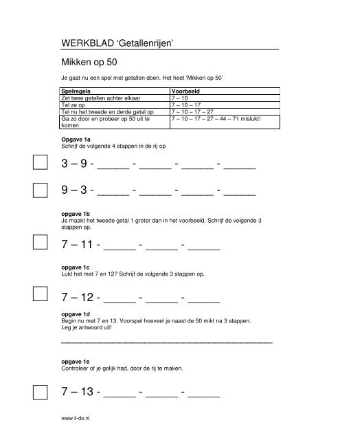 WERKBLAD 'Getallenrijen' Mikken op 50 - li-do.nl