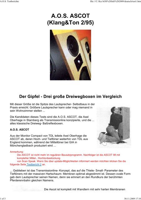 A.O.S. ASCOT (Klang&amp;Ton 2/95) - A.O.S. Audio Systeme