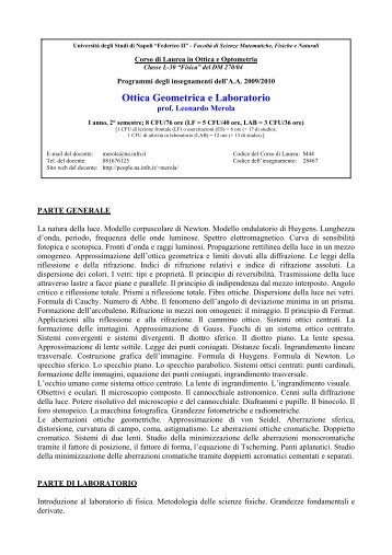 Ottica Geometrica e Laboratorio - Dipartimento di Fisica - UniversitÃ  ...