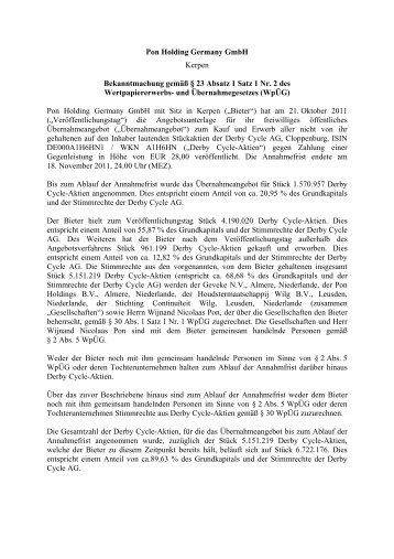 Pon Holding Germany GmbH Kerpen Bekanntmachung gemÃ¤Ã Â§ 23 ...