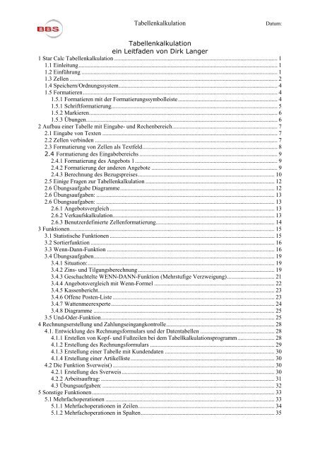 1 Excel Tabellenkalkulation Langer Lehrer De
