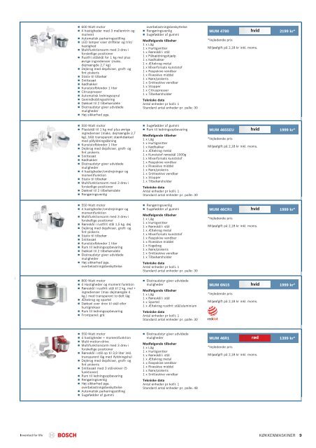 Produktoversigt Bosch smÃ¥ apparater og stÃ¸vsugere GÃ¦ldende fra ...