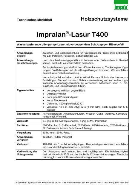 Holzschutzsysteme impralan Â® -Lasur T400