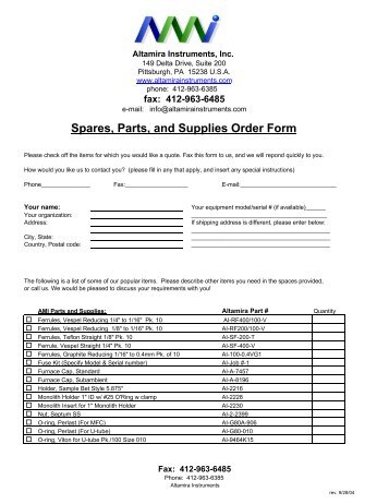 Spare Parts - Altamira Instruments, Inc.