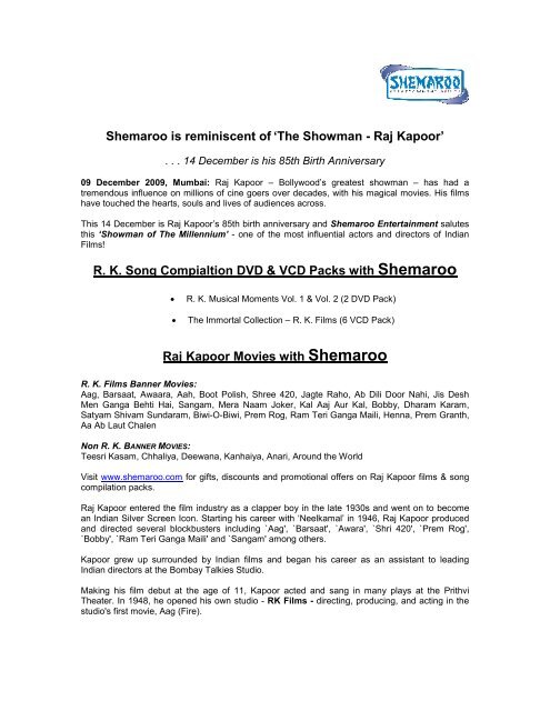 Shemaroo is reminiscent of 'The Showman - Raj ... - Pressman PR