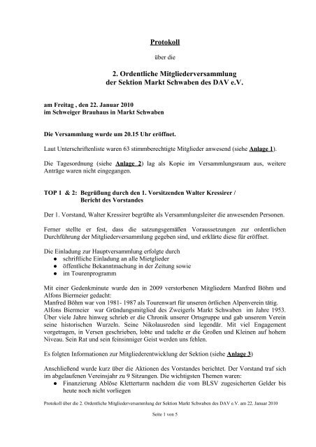 Protokoll Mitgliederversammlung 2010 - DAV Markt Schwaben