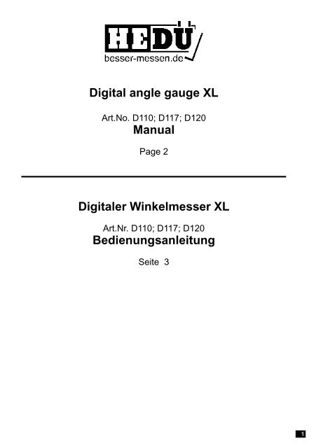 Digital angle gauge XL Manual Digitaler Winkelmesser XL ... - Hedue